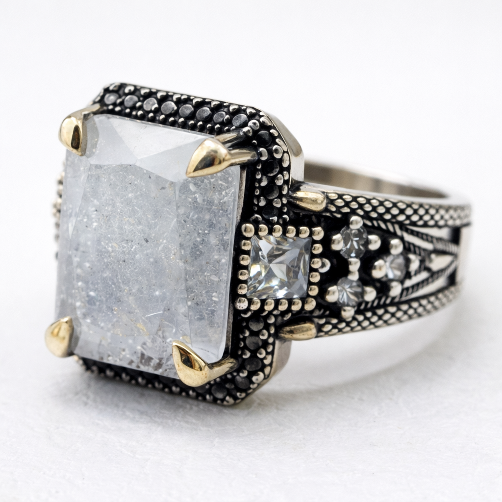 Men’s Sterling Silver Ring with Natural Grey Rectangular Stone